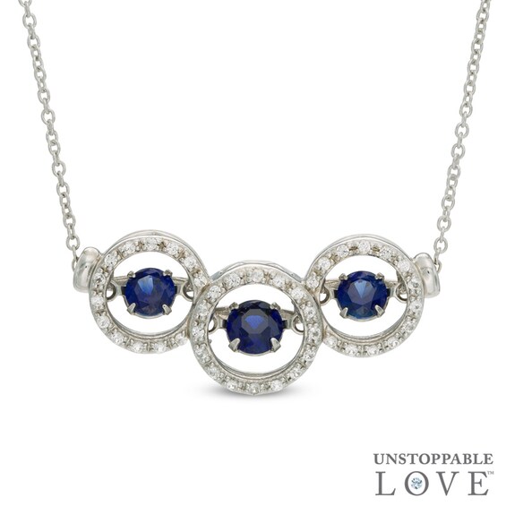 Unstoppable Love™ Lab-Created Blue and White Sapphire Circle Frame Three Stone Necklace in Sterling Silver