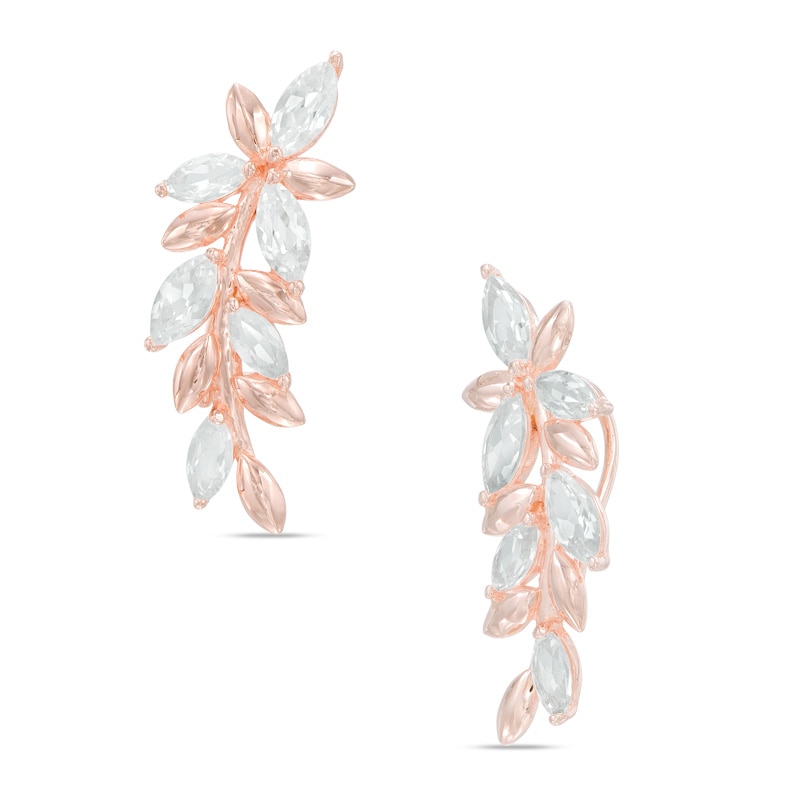 Marquise Lab-Created White Sapphire Leaf Crawler Earrings in Sterling Silver and 14K Rose Gold Plate|Peoples Jewellers