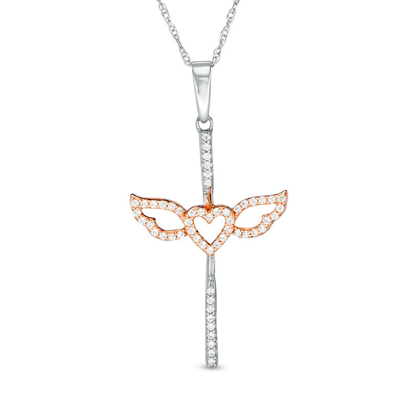 Main Image 1 of 0.16 CT. T.W. Diamond Winged Heart Cross Pendant in 10K Two-Tone Gold