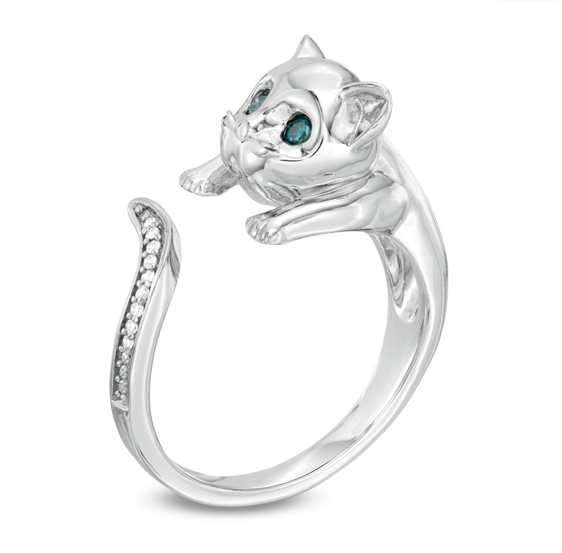 0.06 CT. T.W. Enhanced Blue and White Diamond Cat Ring in Sterling Silver