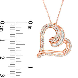 0.50 CT. T.W. Baguette and Round Diamond Tilted Heart Pendant in 10K Rose Gold