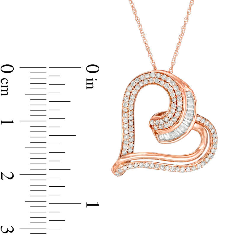 0.50 CT. T.W. Baguette and Round Diamond Tilted Heart Pendant in 10K Rose Gold