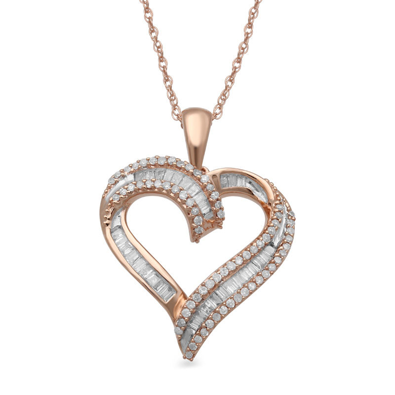 0.25 CT. T.W. Baguette and Round Diamond Heart Pendant in 10K Rose Gold
