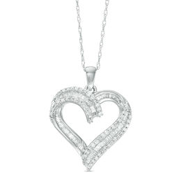 0.50 CT. T.W. Baguette and Round Diamond Heart Pendant in 10K White Gold