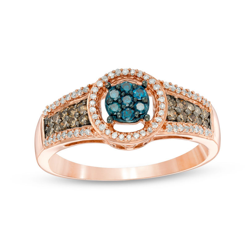 Main Image 1 of 0.33 CT. T.W. Enhanced Blue, Champagne and White Composite Diamond Frame Ring in 10K Rose Gold