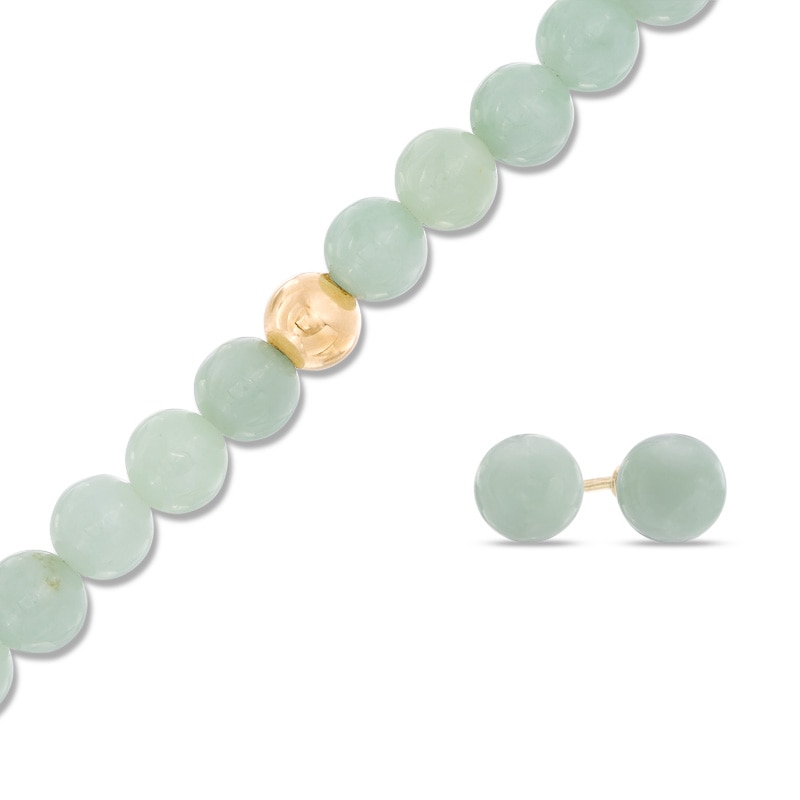 Main Image 1 of Jade Stud Earrings and Beaded Strand Bracelet Set in 10K Gold - 7.25"