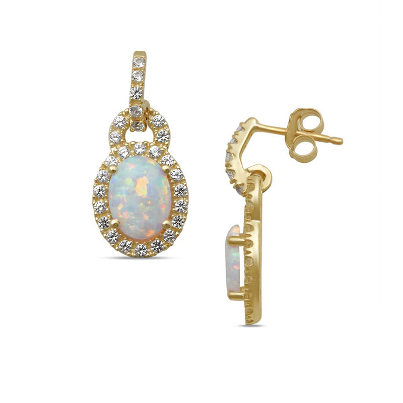 Oval Lab-Created Opal and White Sapphire Frame Drop Earrings in 10K Gold
