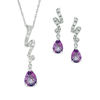 Thumbnail Image 0 of Pear-Shaped Amethyst and Lab-Created White Sapphire Ribbon Pendant and Earrings Set in Sterling Silver