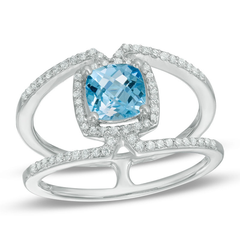 6.0mm Cushion-Cut Blue Topaz and Lab-Created White Sapphire Frame Split Shank Ring in Sterling Silver