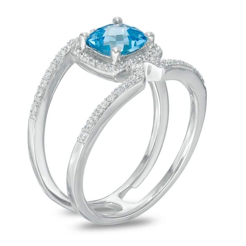6.0mm Cushion-Cut Blue Topaz and Lab-Created White Sapphire Frame Split Shank Ring in Sterling Silver