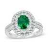 Thumbnail Image 0 of Oval Lab-Created Emerald and White Sapphire Frame Double Row Ring in Sterling Silver