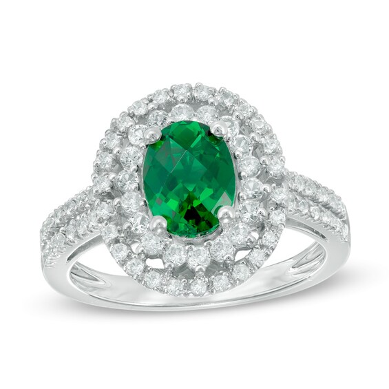 Oval Lab-Created Emerald and White Sapphire Frame Double Row Ring in Sterling Silver