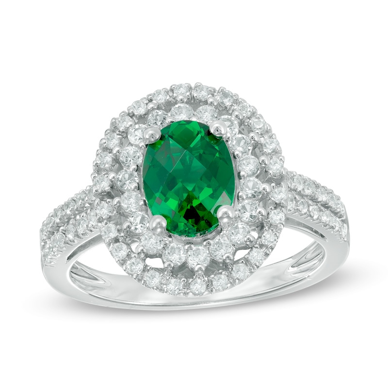 Oval Lab-Created Emerald and White Sapphire Frame Double Row Ring in Sterling Silver