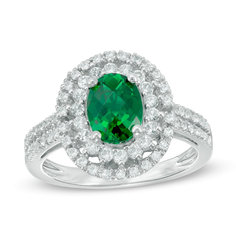 Oval Lab-Created Emerald and White Sapphire Frame Double Row Ring in Sterling Silver|Peoples Jewellers