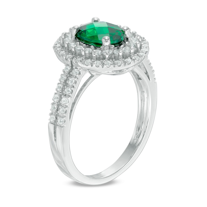 Oval Lab-Created Emerald and White Sapphire Frame Double Row Ring in Sterling Silver