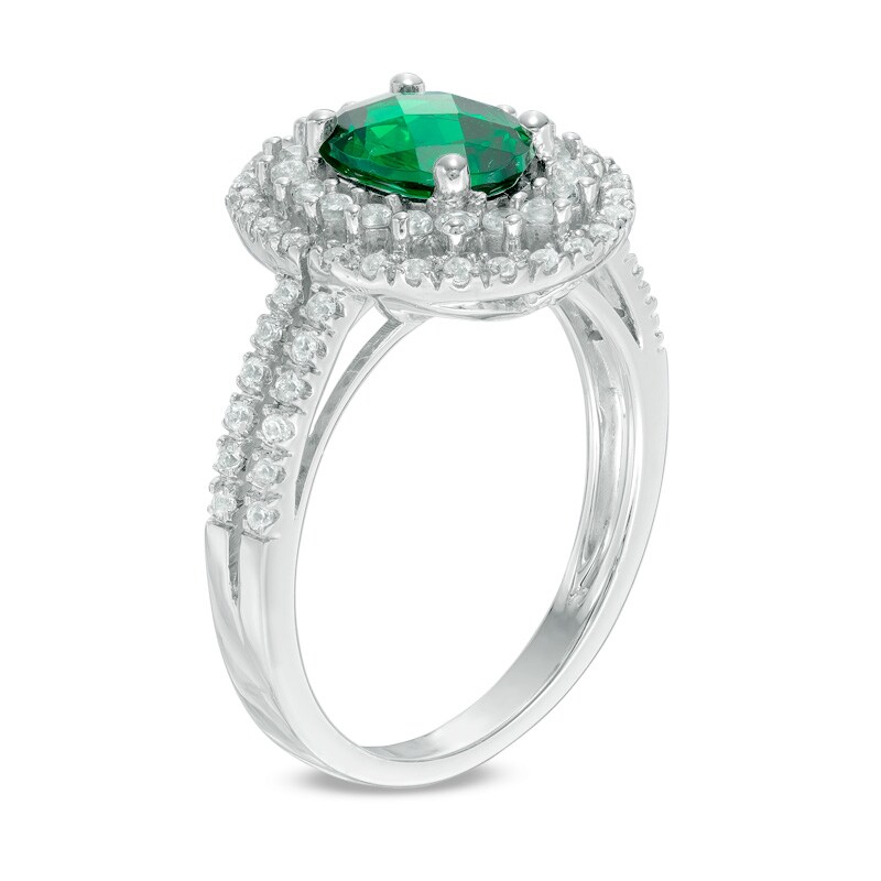 Main Image 2 of Oval Lab-Created Emerald and White Sapphire Frame Double Row Ring in Sterling Silver