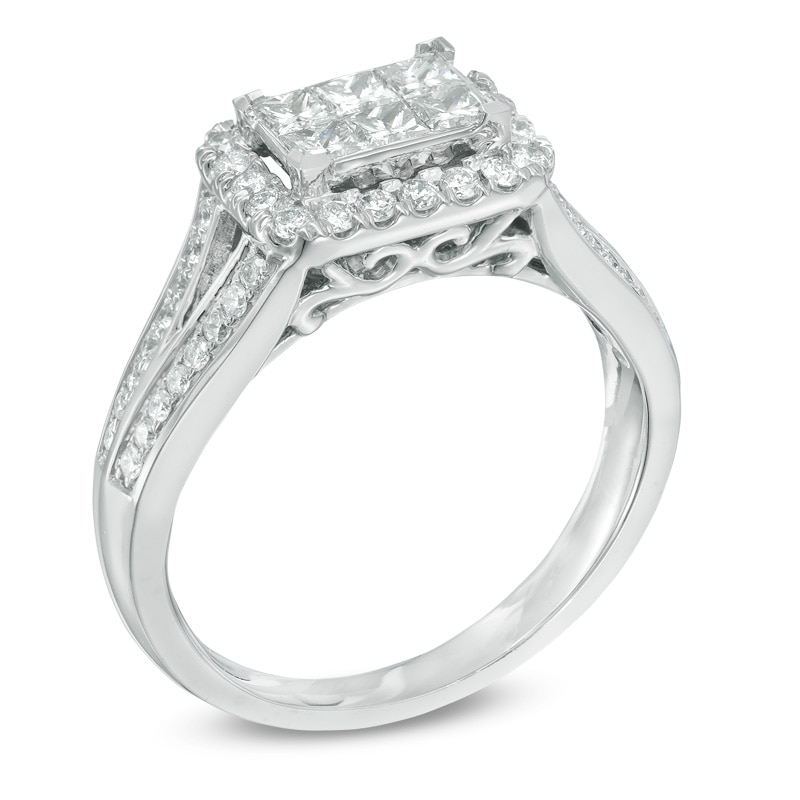 Main Image 2 of 1.00 CT. T.W. Princess-Cut Composite Diamond Frame Split Shank Engagement Ring in 10K White Gold