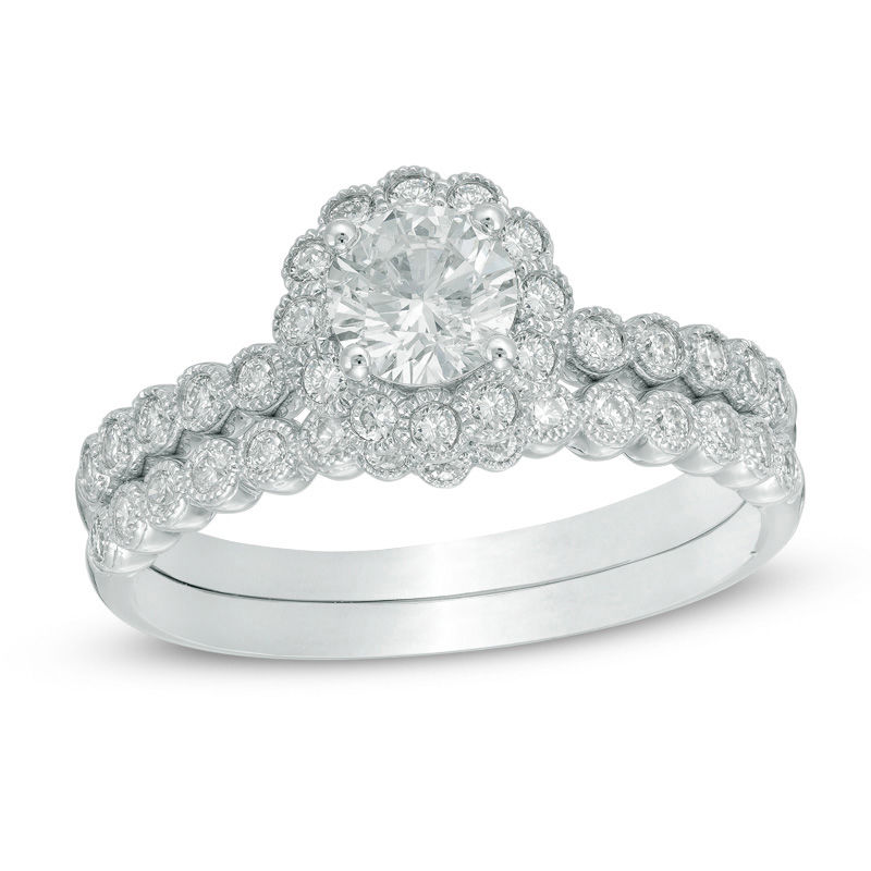 0.91 CT. T.W. Certified Canadian Diamond Flower Vintage-Style Bridal Set 14K White Gold (I/I2)