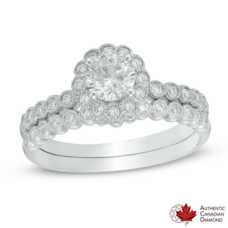 Main Image 1 of 0.91 CT. T.W. Certified Canadian Diamond Flower Vintage-Style Bridal Set in 14K White Gold (I/I2)
