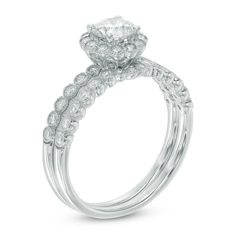 Main Image 2 of 0.91 CT. T.W. Certified Canadian Diamond Flower Vintage-Style Bridal Set in 14K White Gold (I/I2)