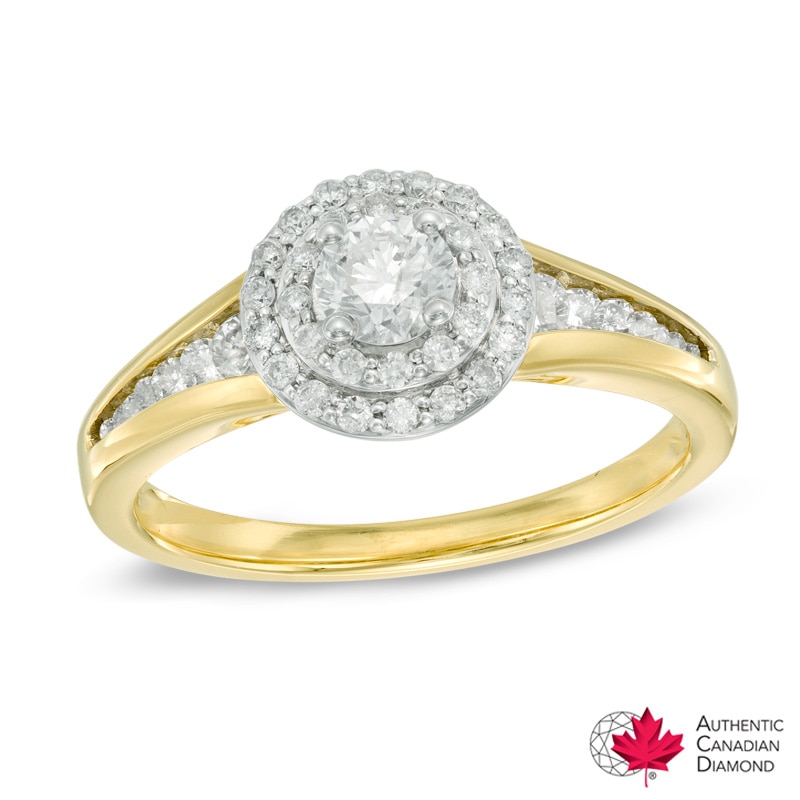 0.76 CT. T.W. Certified Canadian Diamond Double Frame Engagement Ring in 14K Gold (I/I2)