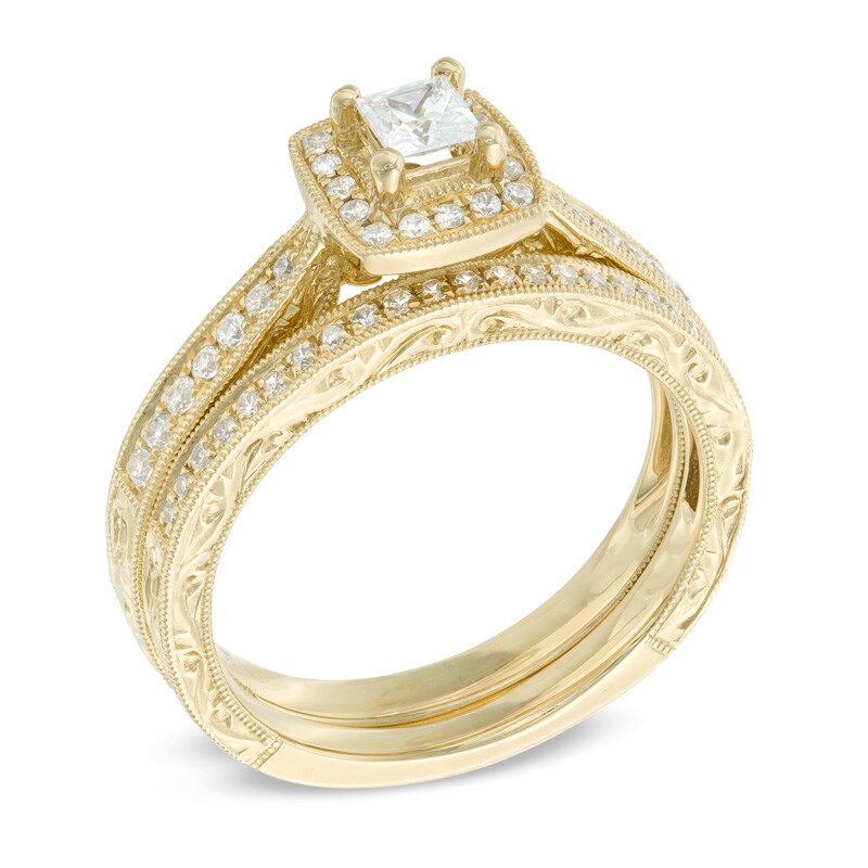 Main Image 2 of 0.45 CT. T.W. Certified Canadian Princess-Cut Diamond Frame Vintage-Style Bridal Set in 14K Gold (I/I2)