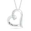 White Lab-Created Sapphire and Diamond Accent Engravable Tilted Heart Pendant in Sterling Silver (1 Line)