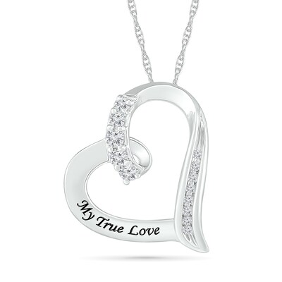 White Lab-Created Sapphire and Diamond Accent Engravable Tilted Heart Pendant in Sterling Silver (1 Line)