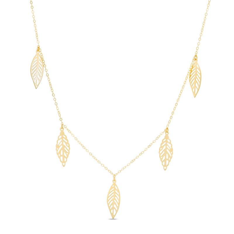 Fancy Dangling Leaf Station Necklace in 10K Gold