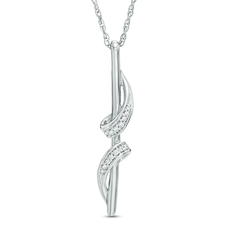 Diamond Accent Ribbon Wrapped Linear Bar Pendant in 10K White Gold