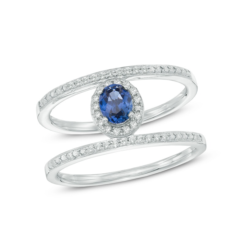 Oval Lab-Created Blue and White Sapphire Frame Ring in Sterling Silver