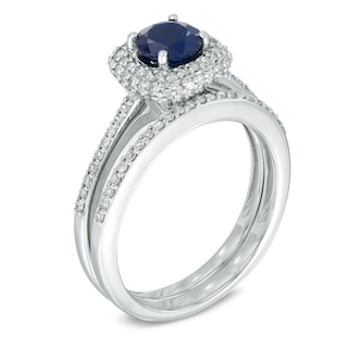 Your Stone Your Story™ 5.5mm Blue Sapphire and 0.51 CT. T.W. Diamond Square Frame Bridal Set in 14K White Gold