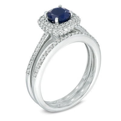 Your Stone Your Story™ 5.5mm Blue Sapphire and 0.51 CT. T.W. Diamond Square Frame Bridal Set in 14K White Gold
