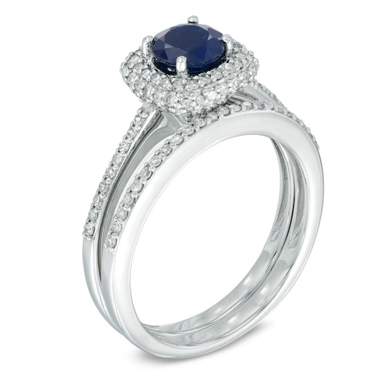 Your Stone Your Story™ 5.5mm Blue Sapphire and 0.51 CT. T.W. Diamond Square Frame Bridal Set in 14K White Gold