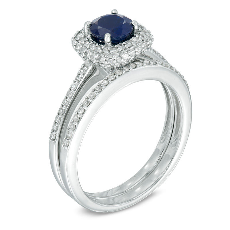 Your Stone Your Storyâ¢ 5.5mm Blue Sapphire and 0.51 CT. T.W. Diamond Square Frame Bridal Set in 14K White Gold