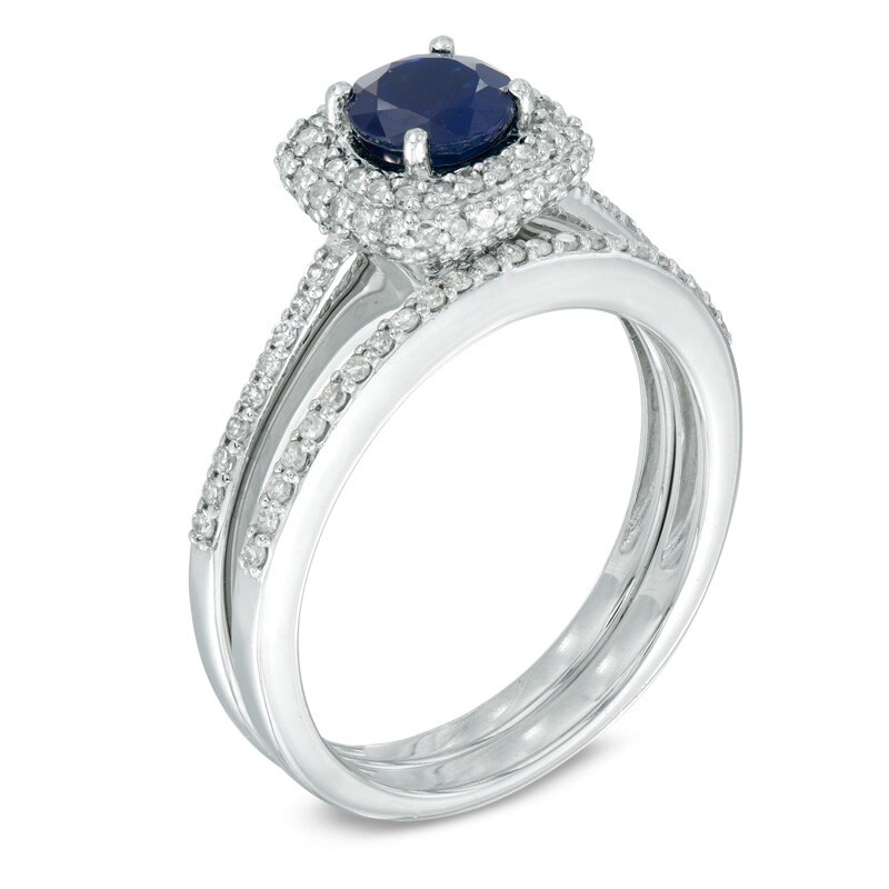 Your Stone Your Story™ 5.5mm Blue Sapphire and 0.51 CT. T.W. Diamond Square Frame Bridal Set in 14K White Gold