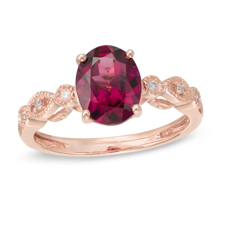 Main Image 1 of Your Stone Your Story™ Oval Rhodolite Garnet and Diamond Accent Vintage-Style Ring in 14K Rose Gold