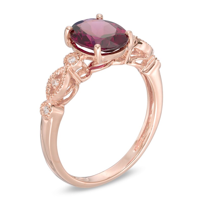 Main Image 2 of Your Stone Your Story™ Oval Rhodolite Garnet and Diamond Accent Vintage-Style Ring in 14K Rose Gold