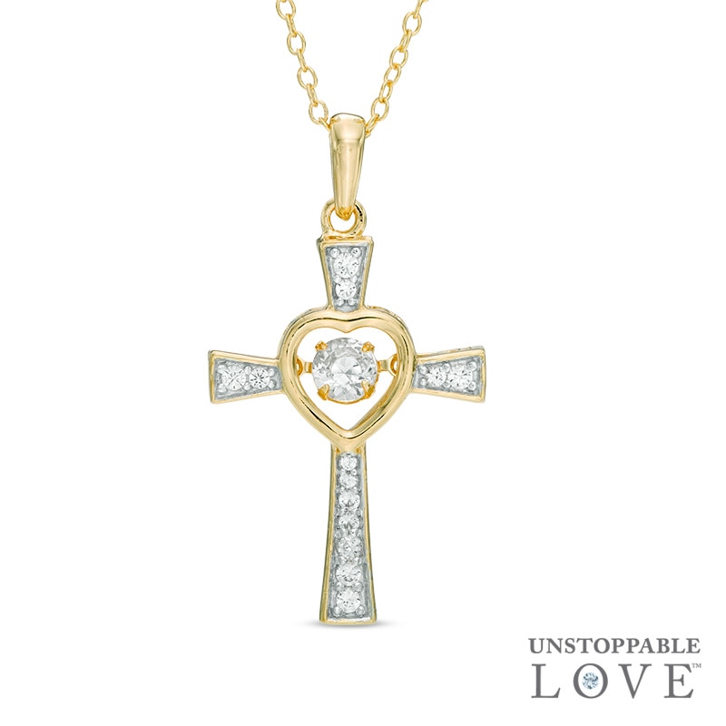 Unstoppable Love™ 4.0mm Lab-Created White Sapphire Heart Cross Pendant in Sterling Silver and 18K Gold Plate