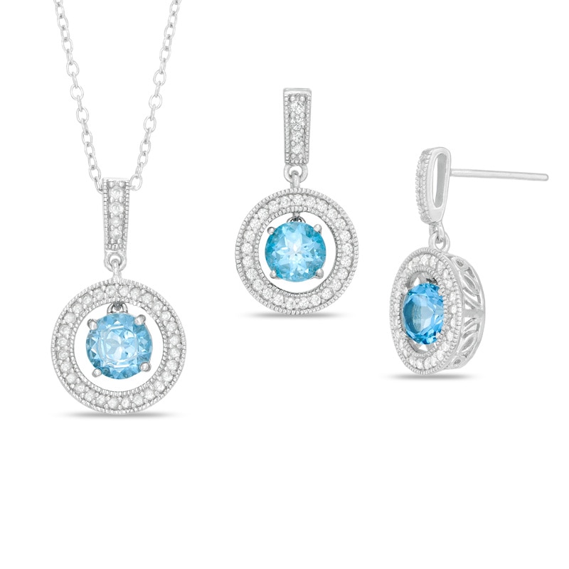 Swiss Blue Topaz and Lab-Created White Sapphire Vintage-Style Circle Pendant and Earrings Set in Sterling Silver