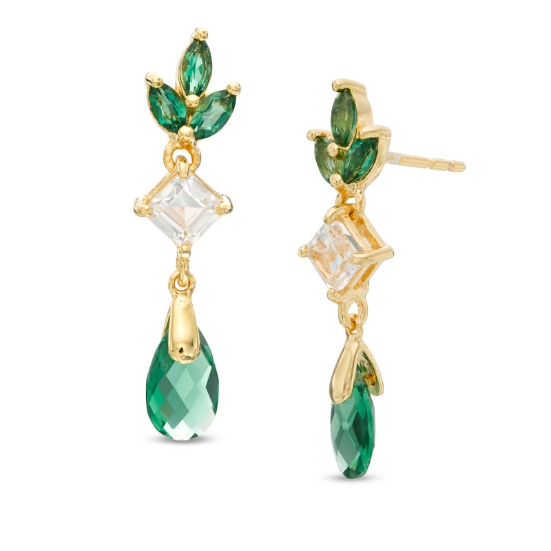 Main Image 1 of Lab-Created Green Quartz and White Sapphire Flower Drop Earrings in Sterling Silver with 18K Gold Plate