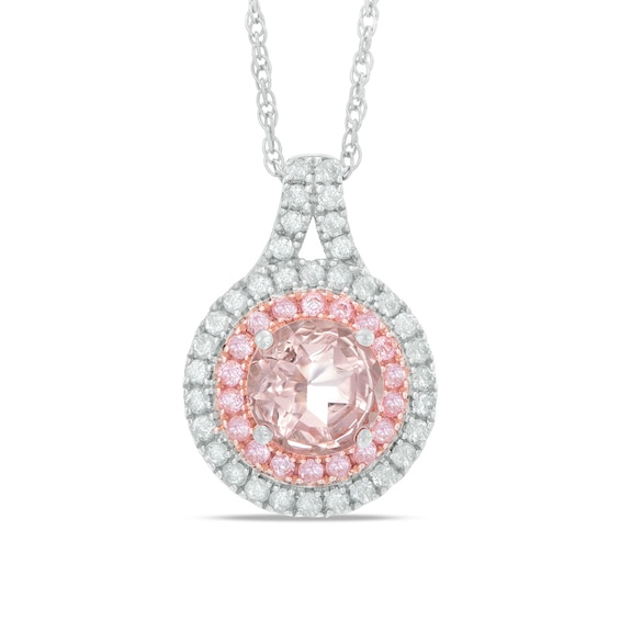 7.0mm Lab-Created Pink and White Sapphire Double Frame Pendant in Sterling Silver and 14K 7.0mm Lab-Created Pink and White Sapphire Double Frame Pendant in Sterling Silver and 14K Rose Gold Plate
