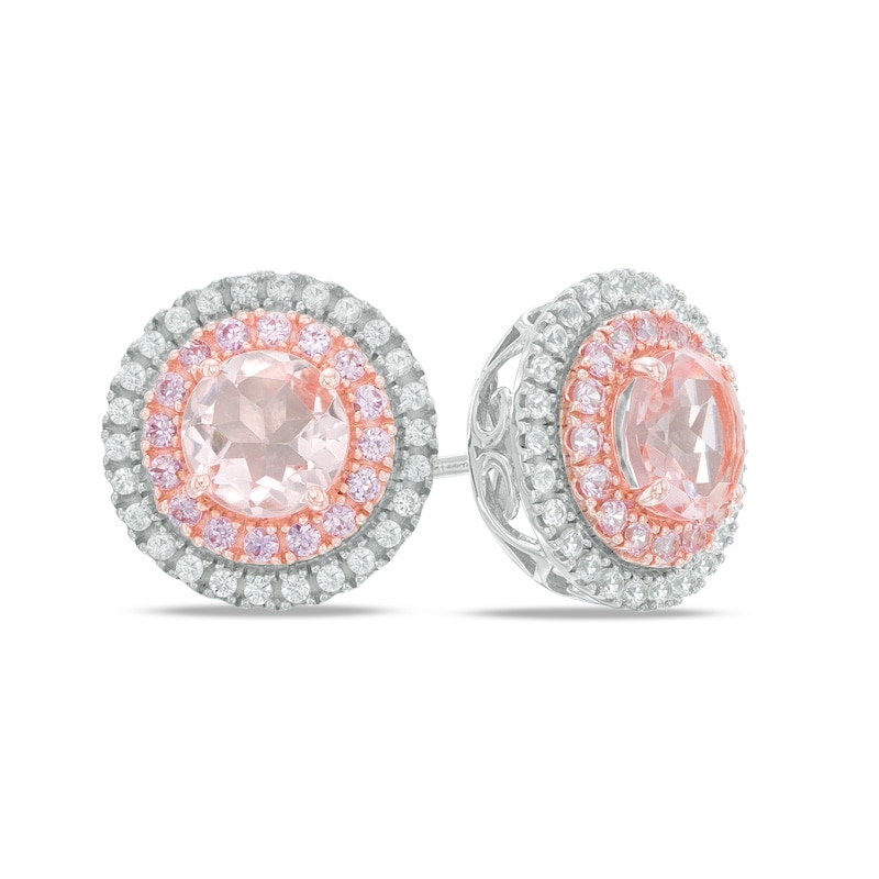 Main Image 1 of 6.0mm Lab-Created Pink and White Sapphire Double Frame Stud Earrings in Sterling Silver and 14K Rose Gold Plate