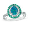 Thumbnail Image 1 of Oval Simulated Blue-Green Opal, Lab-Created Emerald and White Sapphire Frame Ring in Sterling Silver