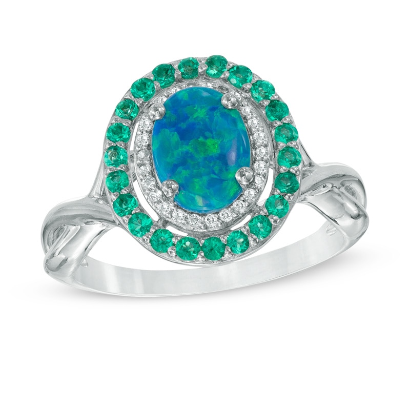 Main Image 1 of Oval Simulated Blue-Green Opal, Lab-Created Emerald and White Sapphire Frame Ring in Sterling Silver