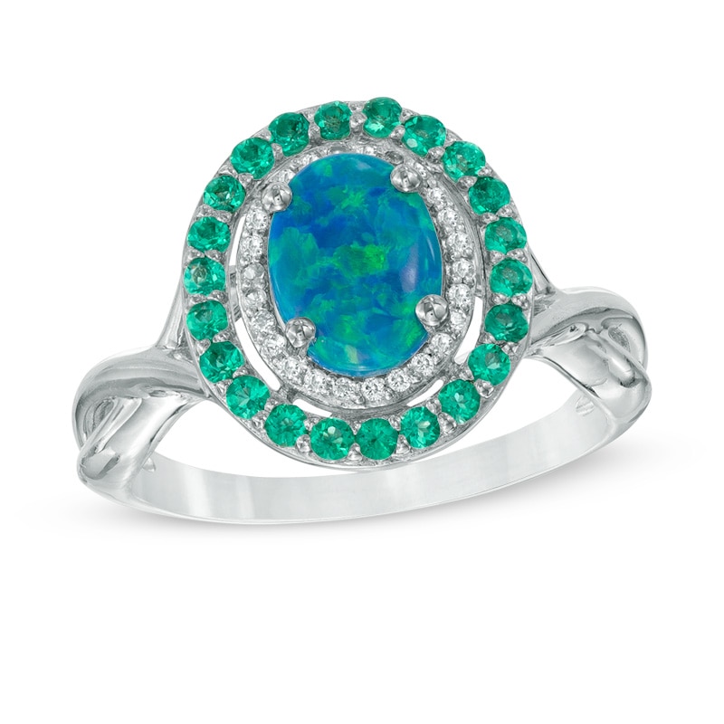 Oval Simulated Blue-Green Opal, Lab-Created Emerald and White Sapphire Frame Ring in Sterling Silver