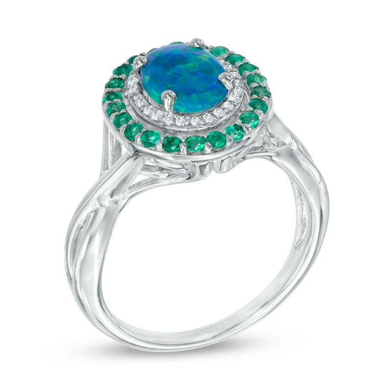 Main Image 2 of Oval Simulated Blue-Green Opal, Lab-Created Emerald and White Sapphire Frame Ring in Sterling Silver