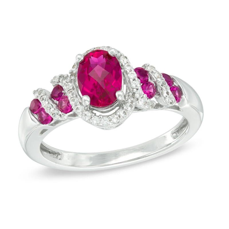 Oval Lab-Created Ruby and White Sapphire Cascading Frame Ring in 10K White Gold