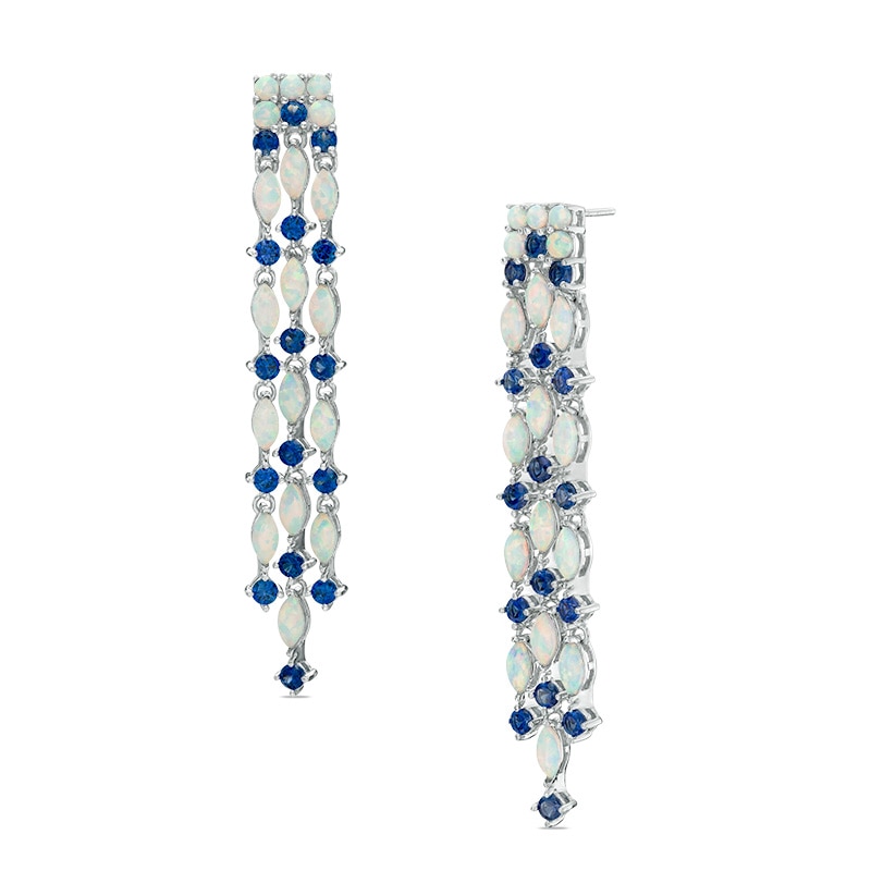 Marquise Lab-Created Opal and Blue Sapphire Triple Line Drop Earrings in Sterling Silver
