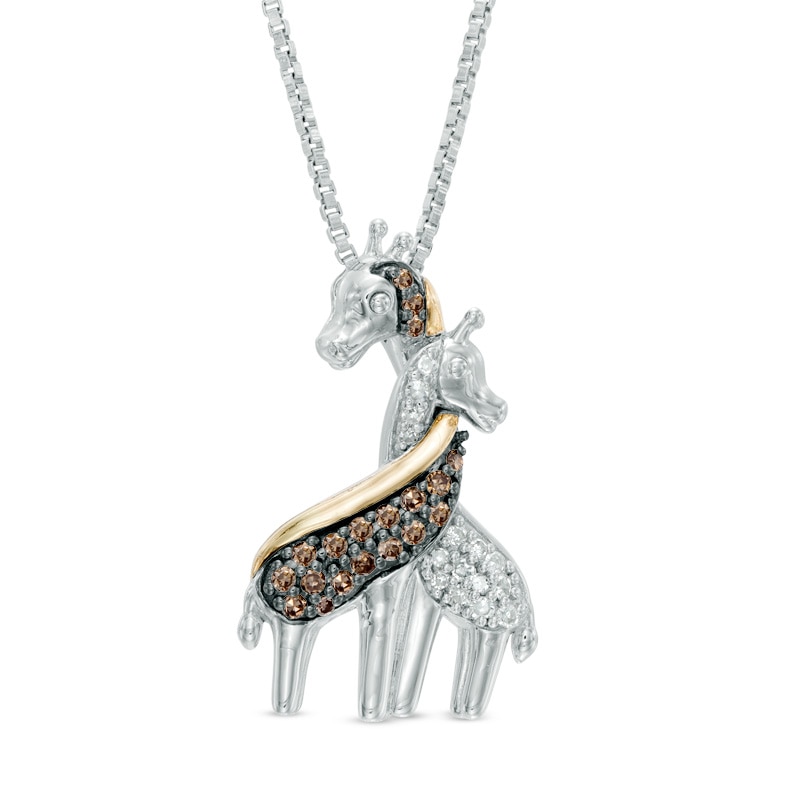 0.15 CT. T.W.  Champagne and White Diamond Loving Giraffe Pendant in Sterling Silver and 14K Gold